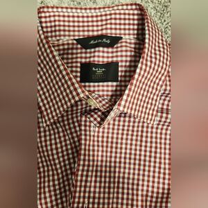 NWOT Paul Smith $275 Checkered Button Down Shirt Size 16/41 Red White Grey